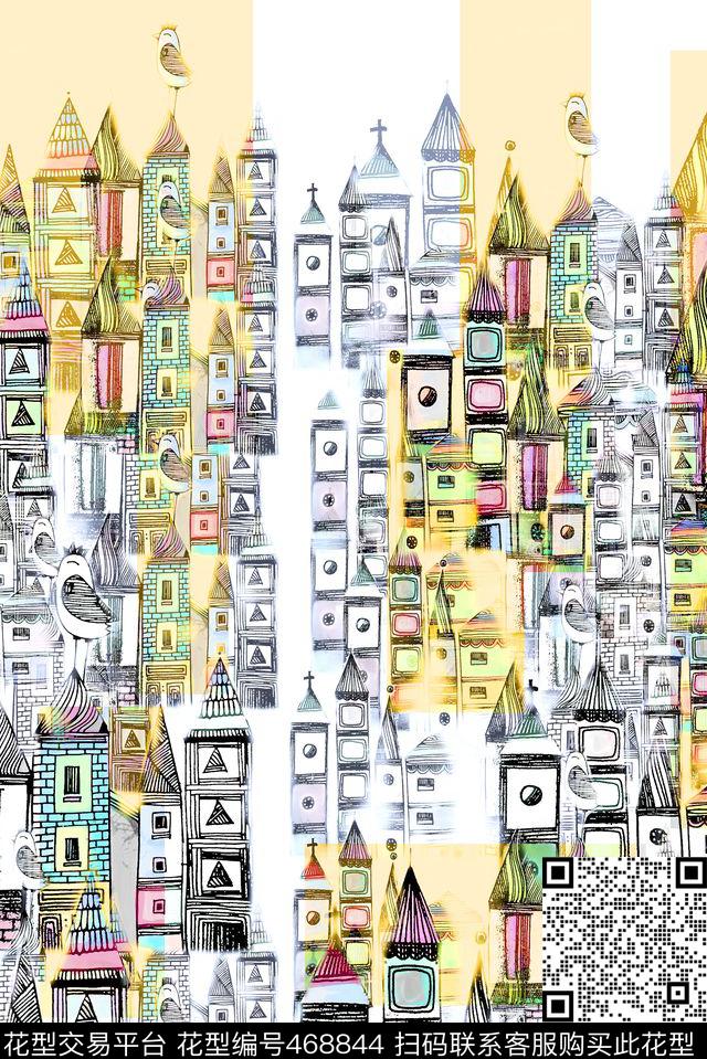 彩色块建筑时尚数码印花华亿平台下载（图片编号: 468844） - 瓦栏（Walan）