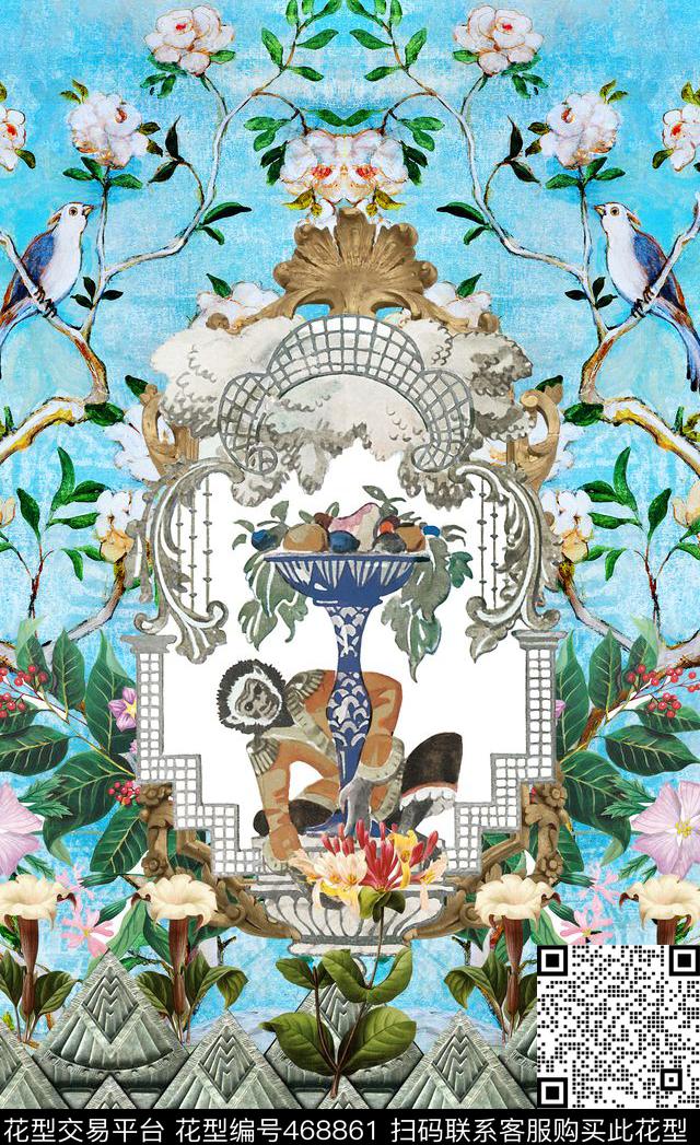 潮流时尚定位复古花卉数码印花华亿平台下载（图片编号: 468861） - 瓦栏（Walan）