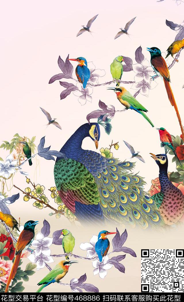 潮流时尚定位中国风孔雀数码印花华亿平台下载（图片编号: 468886） - 瓦栏（Walan）