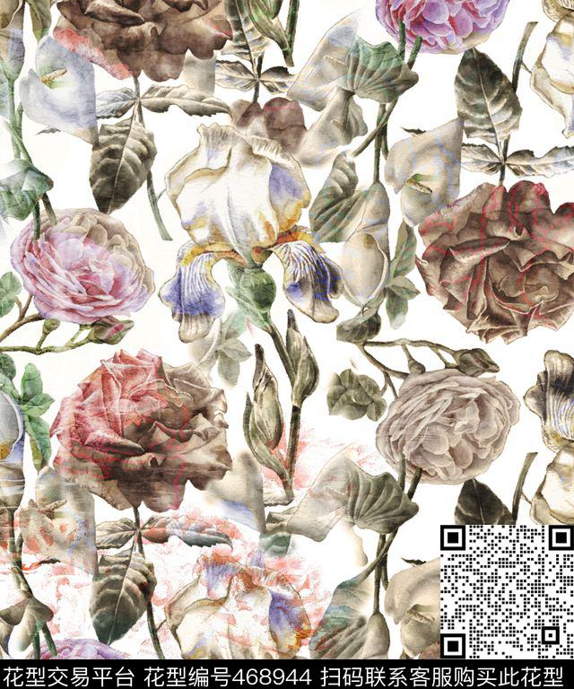 复古花卉淡雅数码印花华亿平台下载（图片编号: 468944） - 瓦栏（Walan）