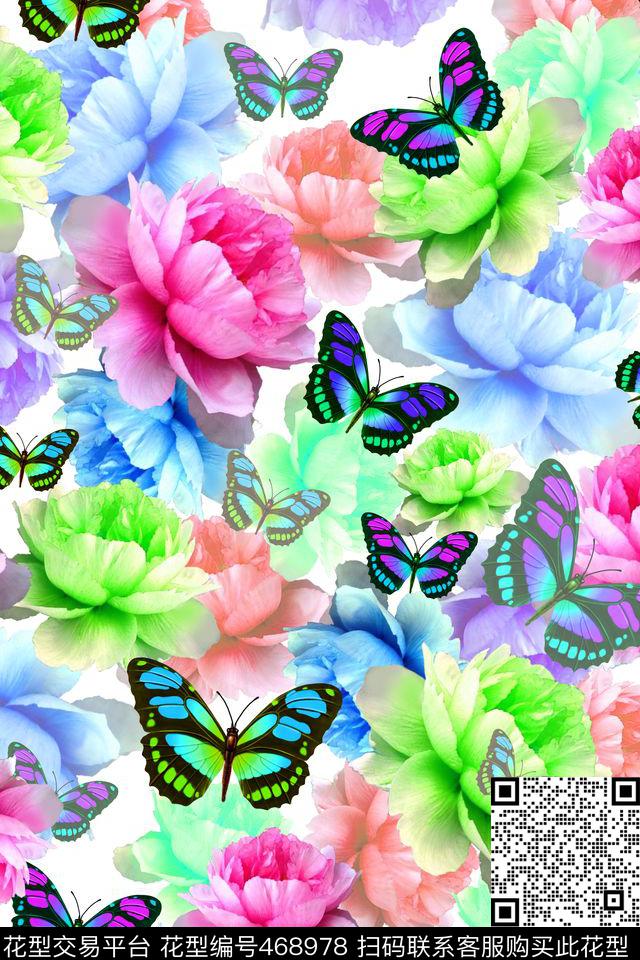 创意华亿平台牡丹蝴蝶数码印花华亿平台下载（图片编号: 468978） - 瓦栏（Walan）