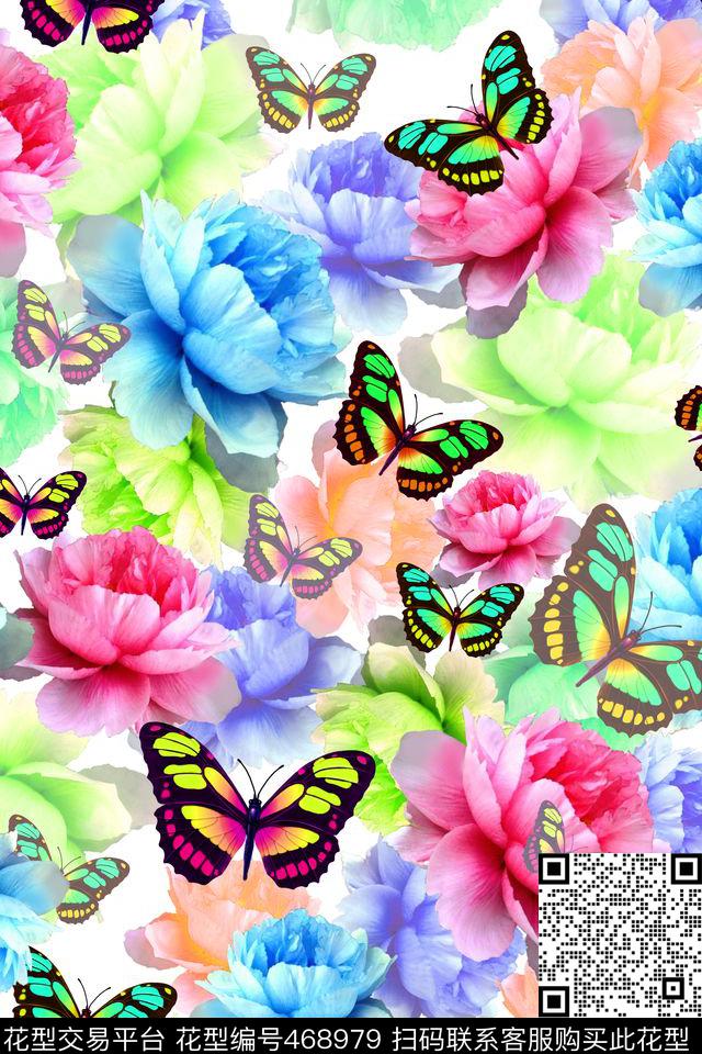 创意华亿平台牡丹蝴蝶数码印花华亿平台下载（图片编号: 468979） - 瓦栏（Walan）