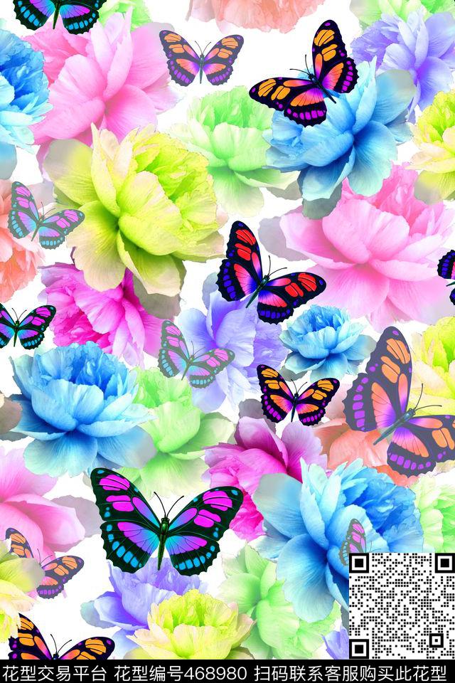 创意华亿平台牡丹蝴蝶数码印花华亿平台下载（图片编号: 468980） - 瓦栏（Walan）
