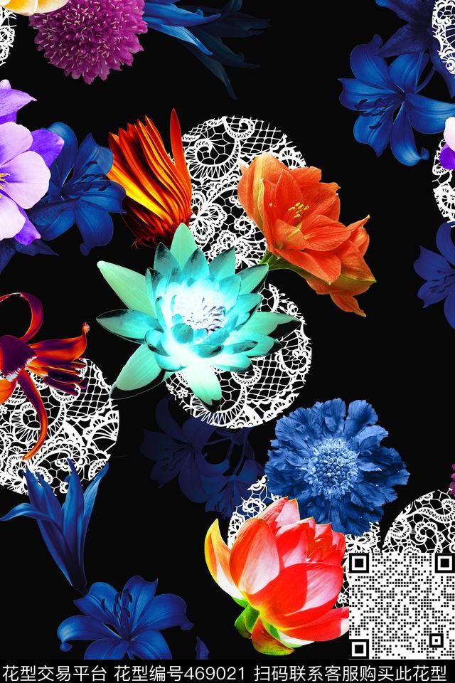 时尚蕾丝数码花卉数码印花华亿平台下载（图片编号: 469021） - 瓦栏（Walan）