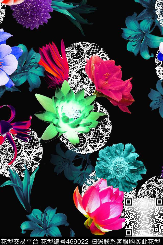 时尚蕾丝数码花卉数码印花华亿平台下载（图片编号: 469022） - 瓦栏（Walan）