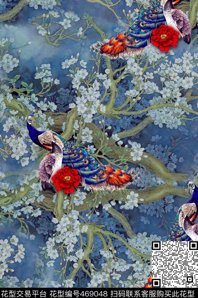中国风孔雀小鸟数码印花华亿平台下载（图片编号: 469048） - 瓦栏（Walan）