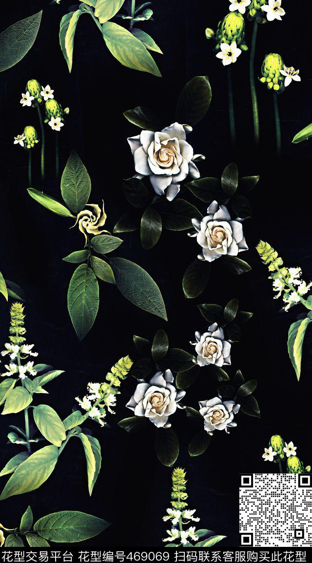 立体花卉黑底数码印花华亿平台下载（图片编号: 469069） - 瓦栏（Walan）
