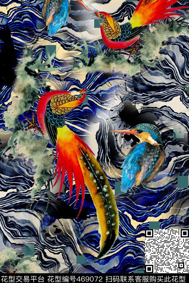 抽象大理石工笔鸟水彩数码印花华亿平台下载（图片编号: 469072） - 瓦栏（Walan）