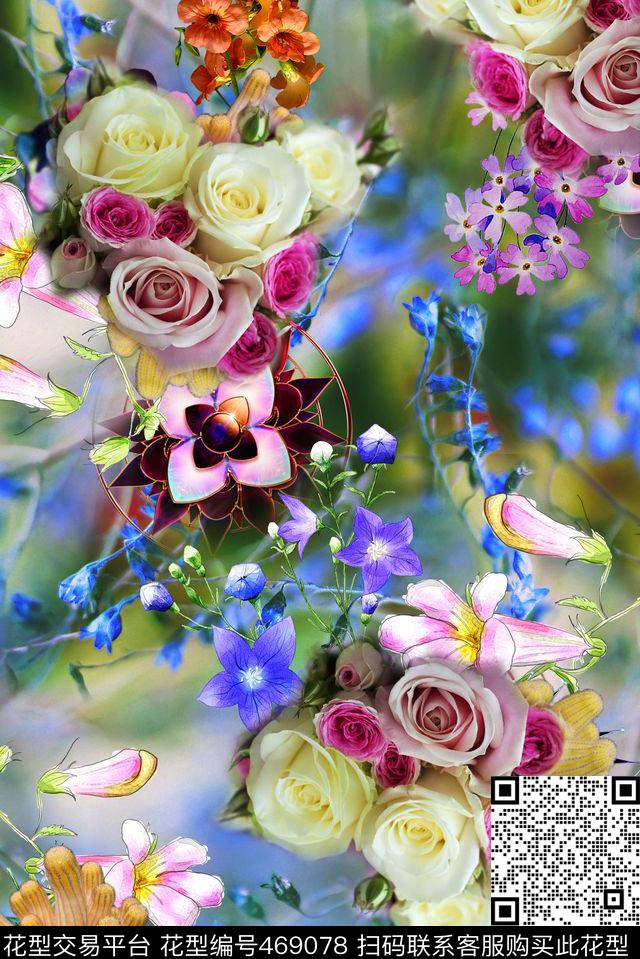绿色春玫瑰花手绘花数码印花华亿平台下载（图片编号: 469078） - 瓦栏（Walan）