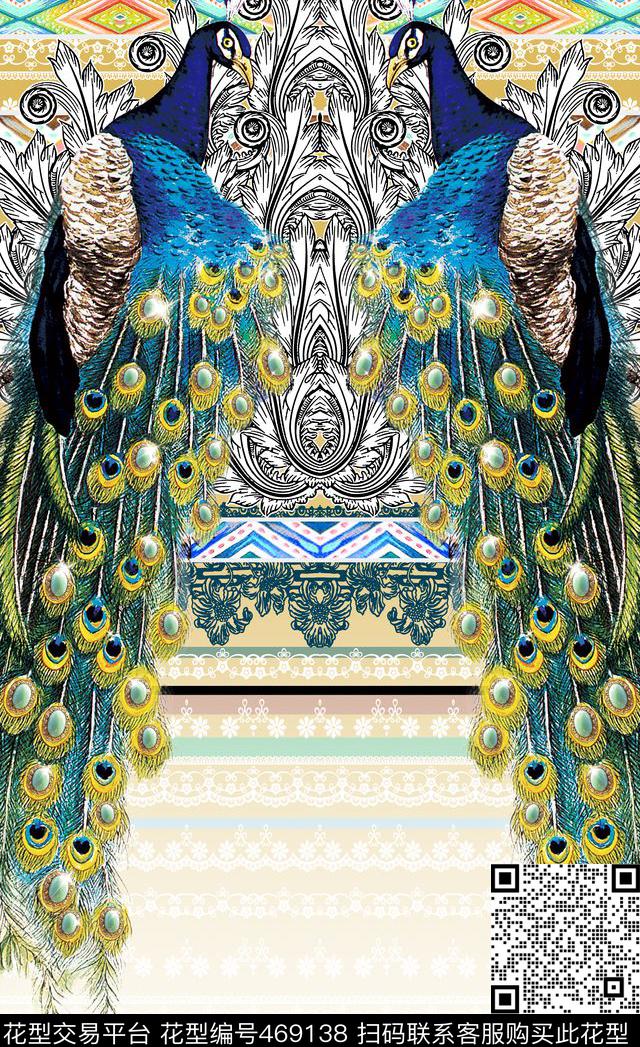 定位对称孔雀数码印花华亿平台下载（图片编号: 469138） - 瓦栏（Walan）