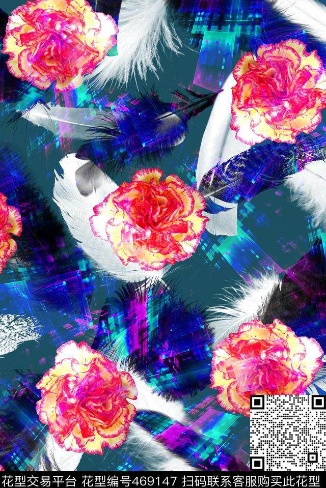 抽象大花朵羽毛数码印花华亿平台下载（图片编号: 469147） - 瓦栏（Walan）