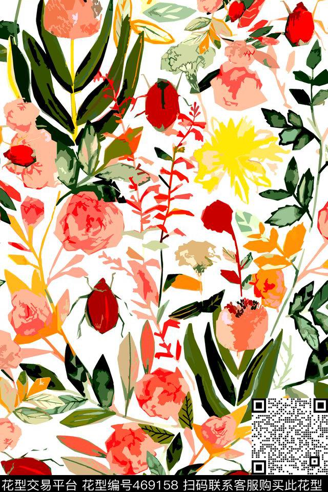 多彩简单花卉传统印花华亿平台下载（图片编号: 469158） - 瓦栏（Walan）