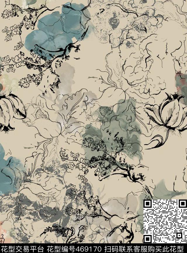 中国风水墨花卉数码印花华亿平台下载（图片编号: 469170） - 瓦栏（Walan）