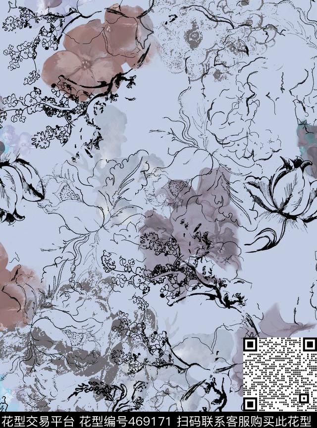 中国风水墨花卉数码印花华亿平台下载（图片编号: 469171） - 瓦栏（Walan）
