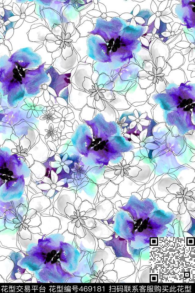 清爽水彩花朵传统印花华亿平台下载（图片编号: 469181） - 瓦栏（Walan）