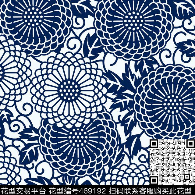青花瓷花卉民族风传统印花华亿平台下载（图片编号: 469192） - 瓦栏（Walan）