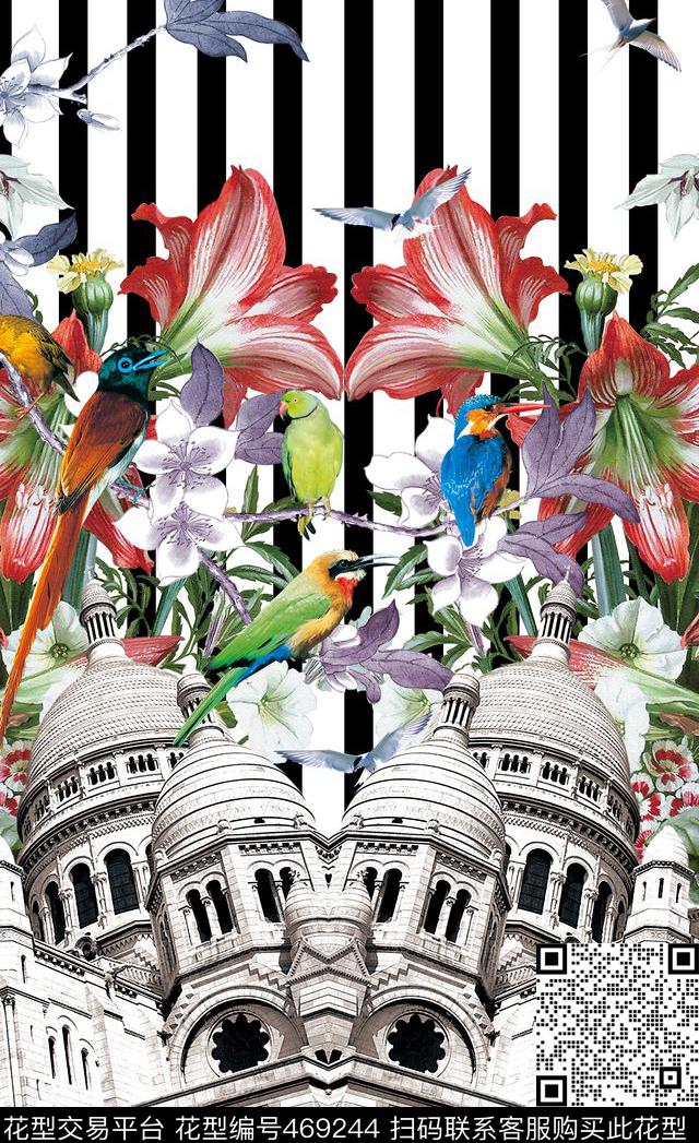 定位花鸟欧式建筑数码印花华亿平台下载（图片编号: 469244） - 瓦栏（Walan）