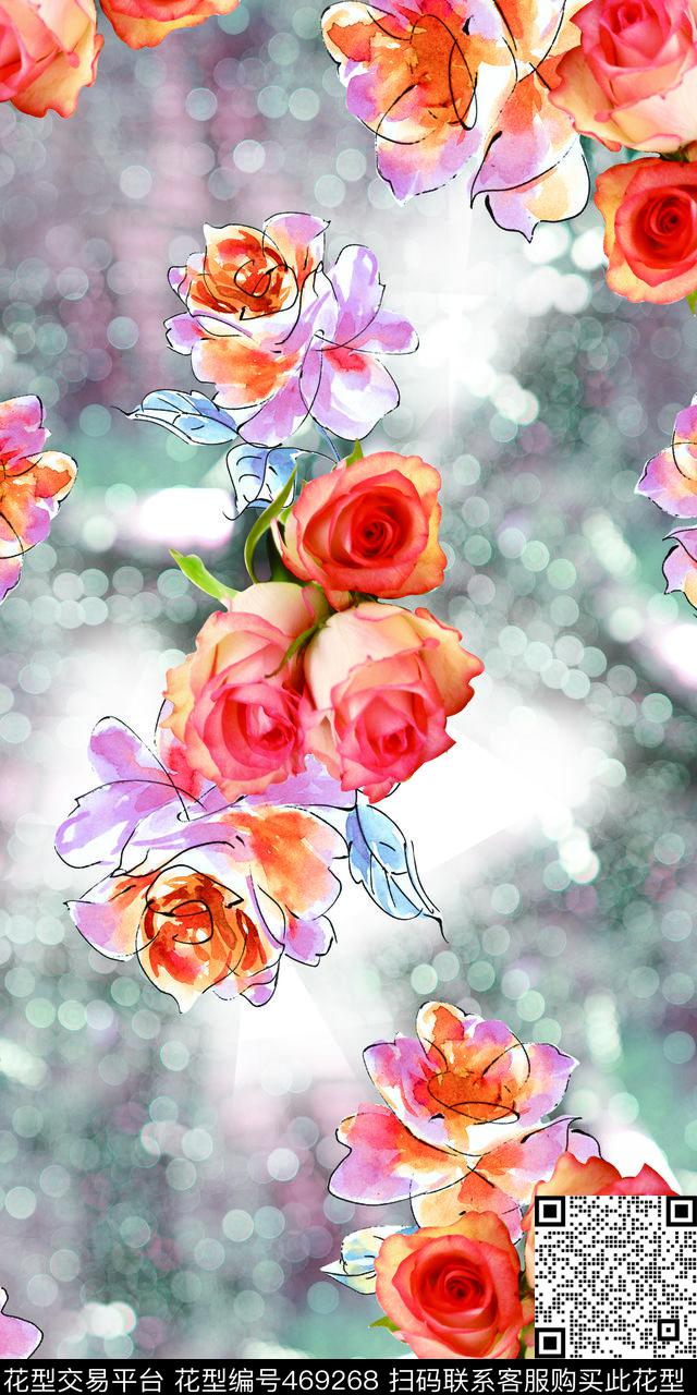 时尚手绘花卉数码印花华亿平台下载（图片编号: 469268） - 瓦栏（Walan）