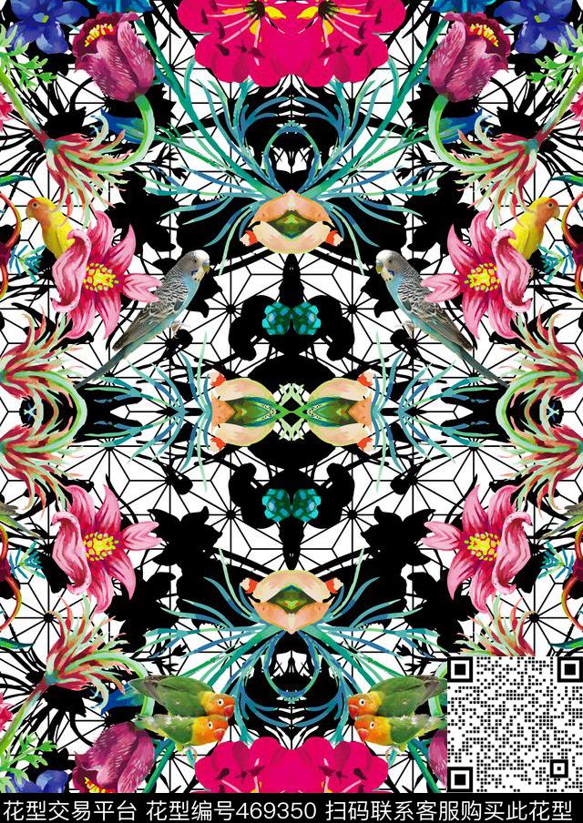 复古花卉几何数码印花华亿平台下载（图片编号: 469350） - 瓦栏（Walan）