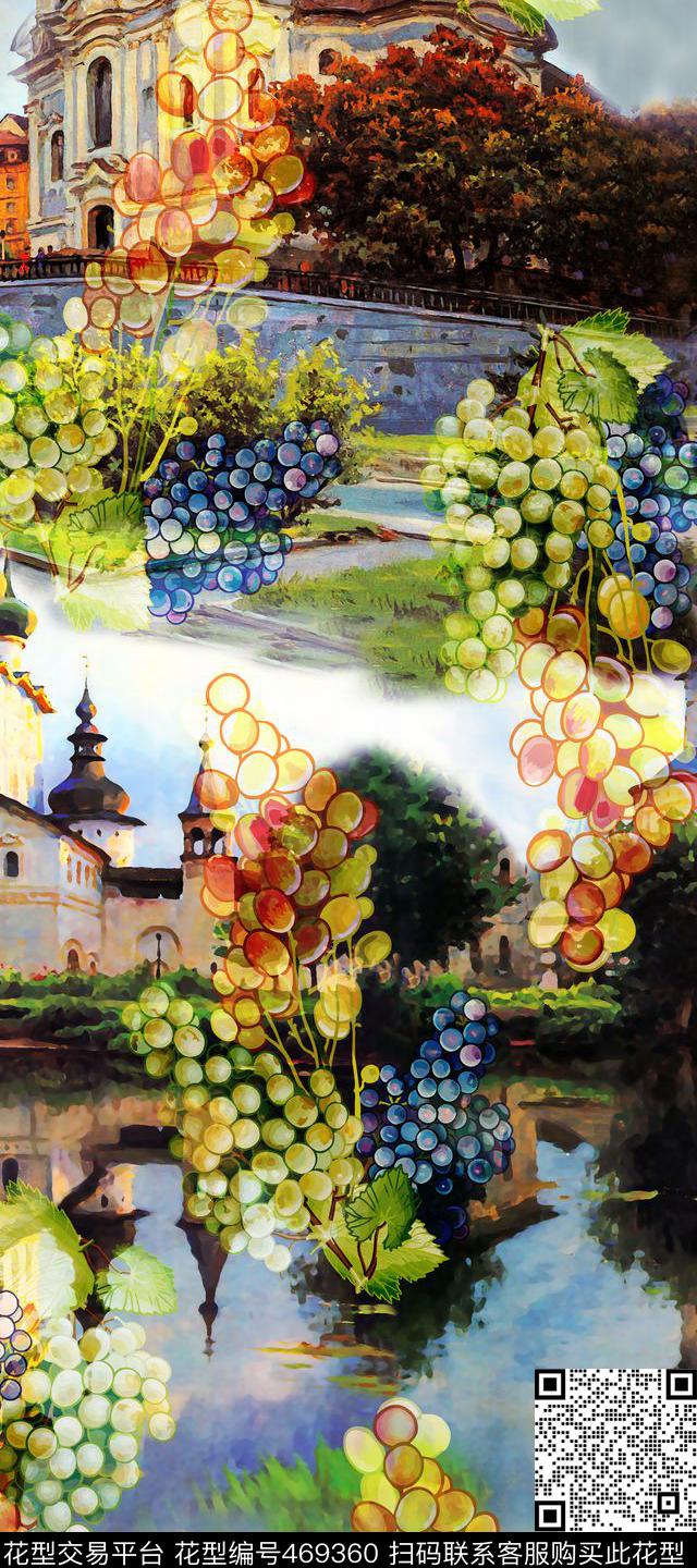 欧式城堡葡萄油画风数码印花华亿平台下载（图片编号: 469360） - 瓦栏（Walan）