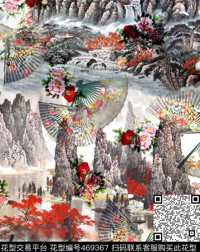 国画山水牡丹扇子数码印花华亿平台下载（图片编号: 469367） - 瓦栏（Walan）
