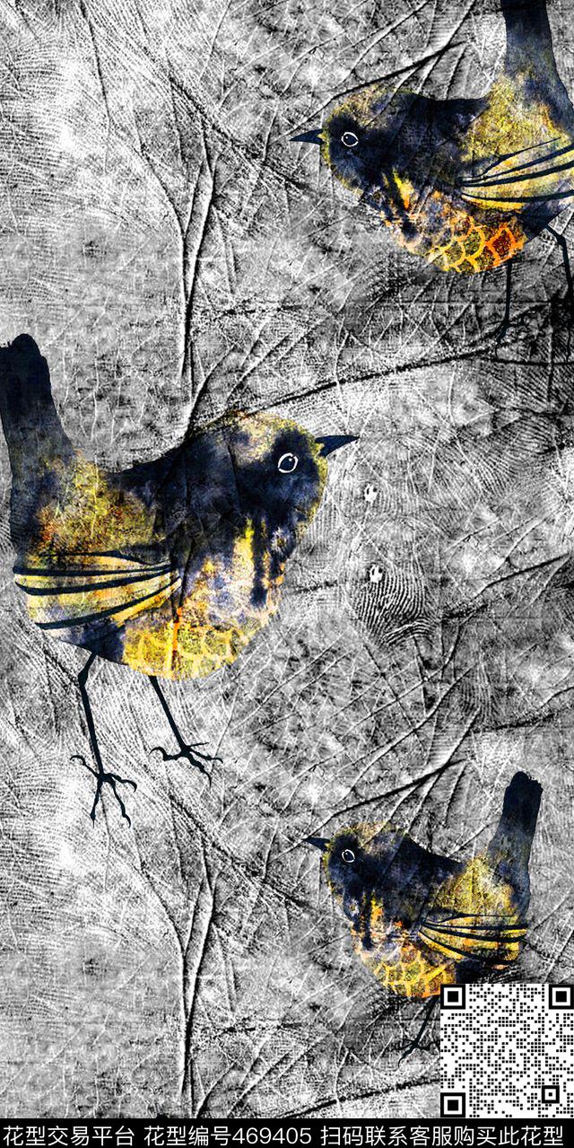 丝绸真丝棉布水墨水彩小鸟洋阳---手绘数码印花华亿平台下载（图片编号: 469405） - 瓦栏（Walan）