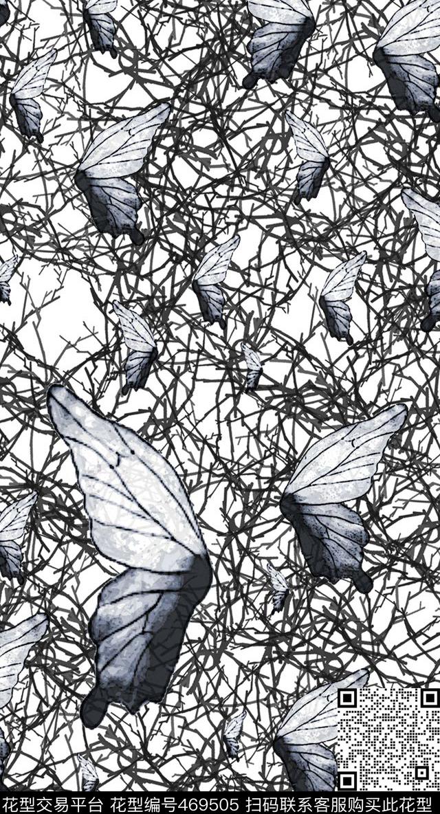 黑白翅膀树枝数码印花华亿平台下载（图片编号: 469505） - 瓦栏（Walan）