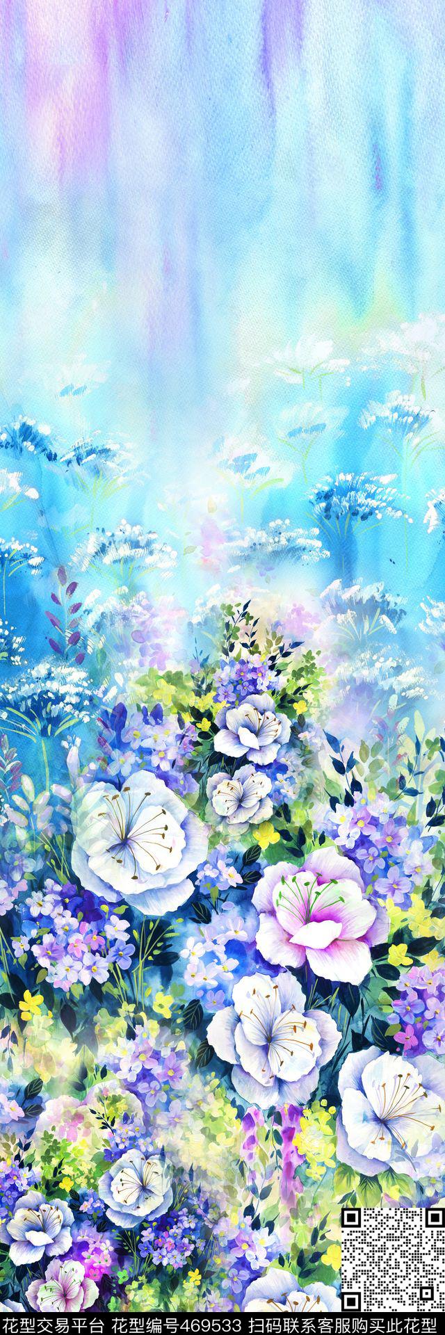 花卉蓝色梦幻数码印花华亿平台下载（图片编号: 469533） - 瓦栏（Walan）