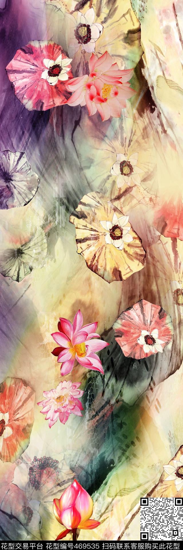 荷花花卉意境数码印花华亿平台下载（图片编号: 469535） - 瓦栏（Walan）