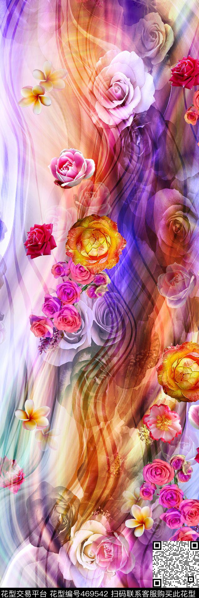 多彩线条花卉数码印花华亿平台下载（图片编号: 469542） - 瓦栏（Walan）