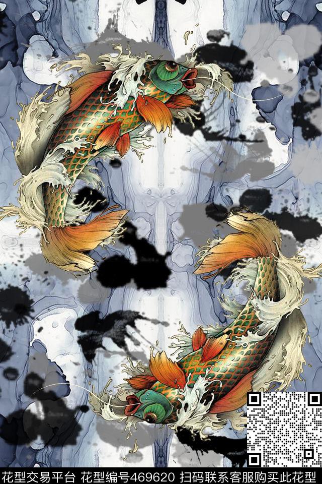 动物鲤鱼民族风泼墨数码印花华亿平台下载（图片编号: 469620） - 瓦栏（Walan）