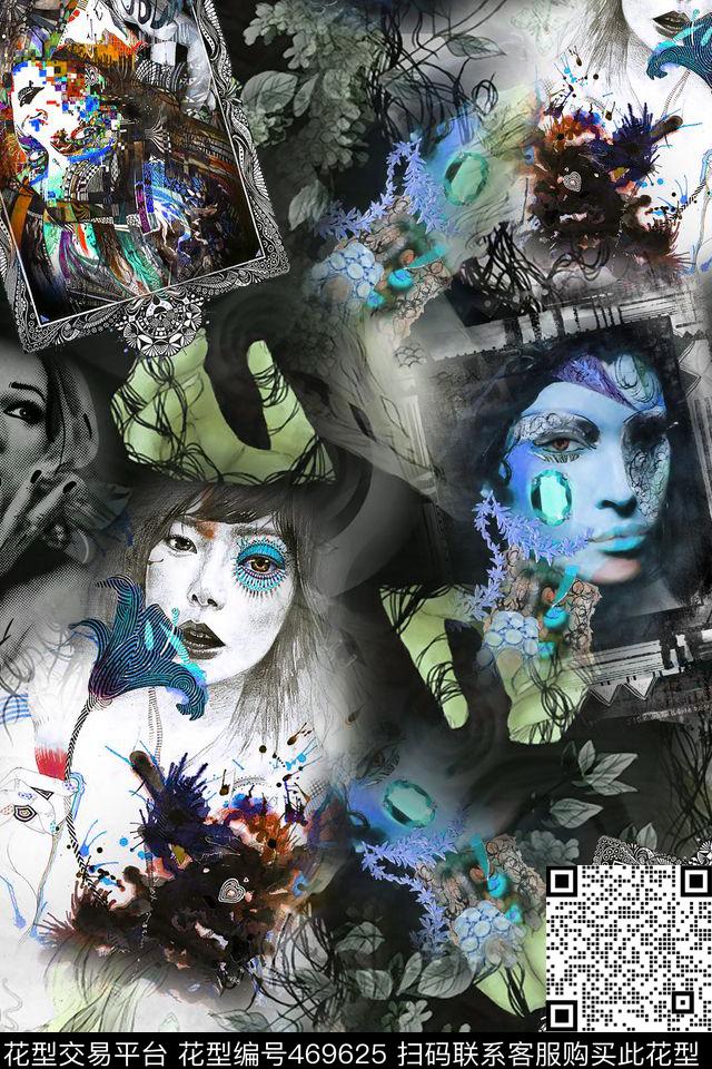 插画发丝人物数码印花华亿平台下载（图片编号: 469625） - 瓦栏（Walan）