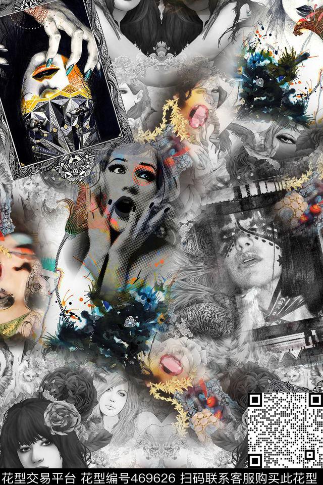 插画人物花卉数码印花华亿平台下载（图片编号: 469626） - 瓦栏（Walan）