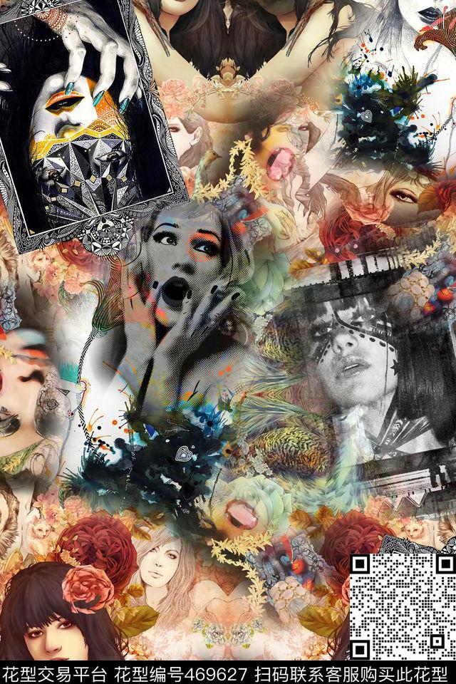 插画花卉人物数码印花华亿平台下载（图片编号: 469627） - 瓦栏（Walan）
