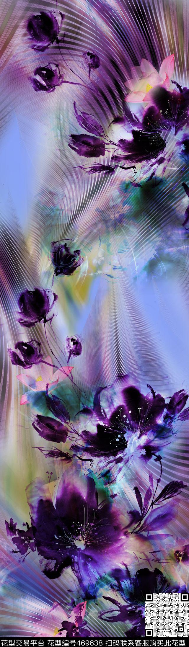 紫色条纹花卉数码印花华亿平台下载（图片编号: 469638） - 瓦栏（Walan）