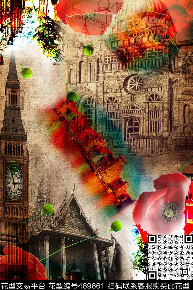 欧式建筑虞美人创意服装面料数码印花华亿平台下载（图片编号: 469661） - 瓦栏（Walan）