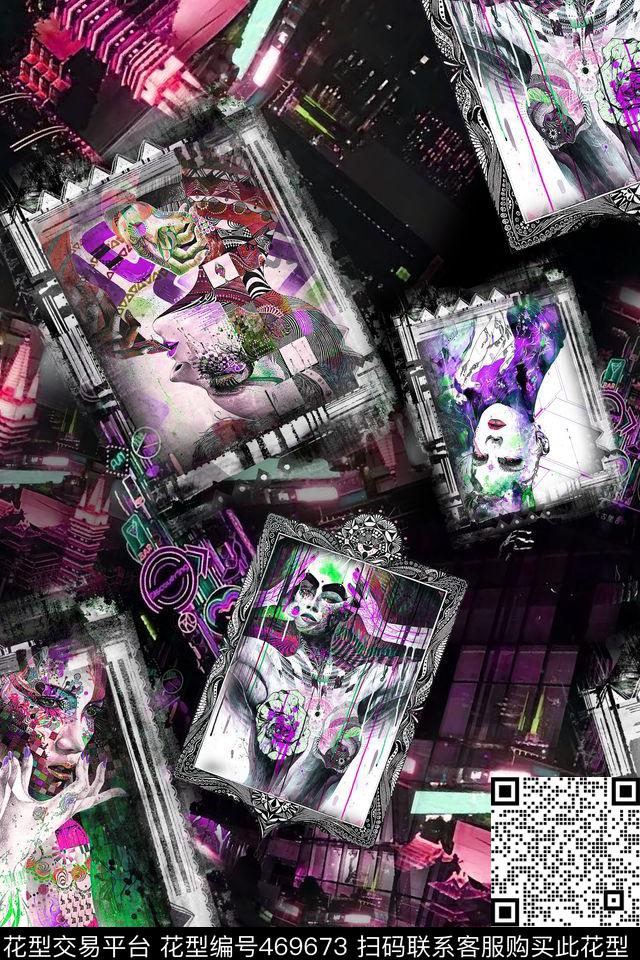 插画人物相框数码印花华亿平台下载（图片编号: 469673） - 瓦栏（Walan）