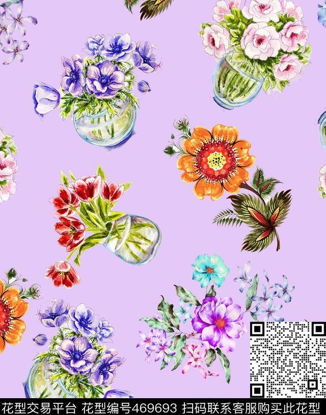 花卉瓶花紫色背景传统印花华亿平台下载（图片编号: 469693） - 瓦栏（Walan）