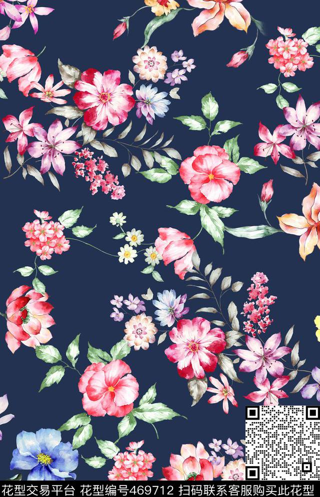 花卉手绘花深蓝背景传统印花华亿平台下载（图片编号: 469712） - 瓦栏（Walan）