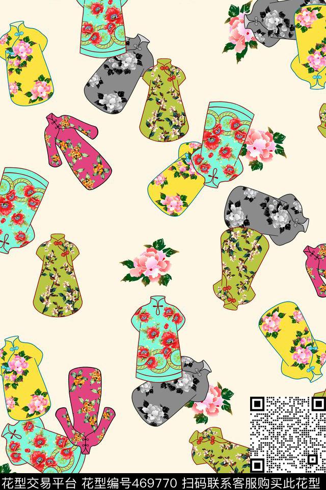 复古小服装小花时尚拼接数码印花华亿平台下载（图片编号: 469770） - 瓦栏（Walan）