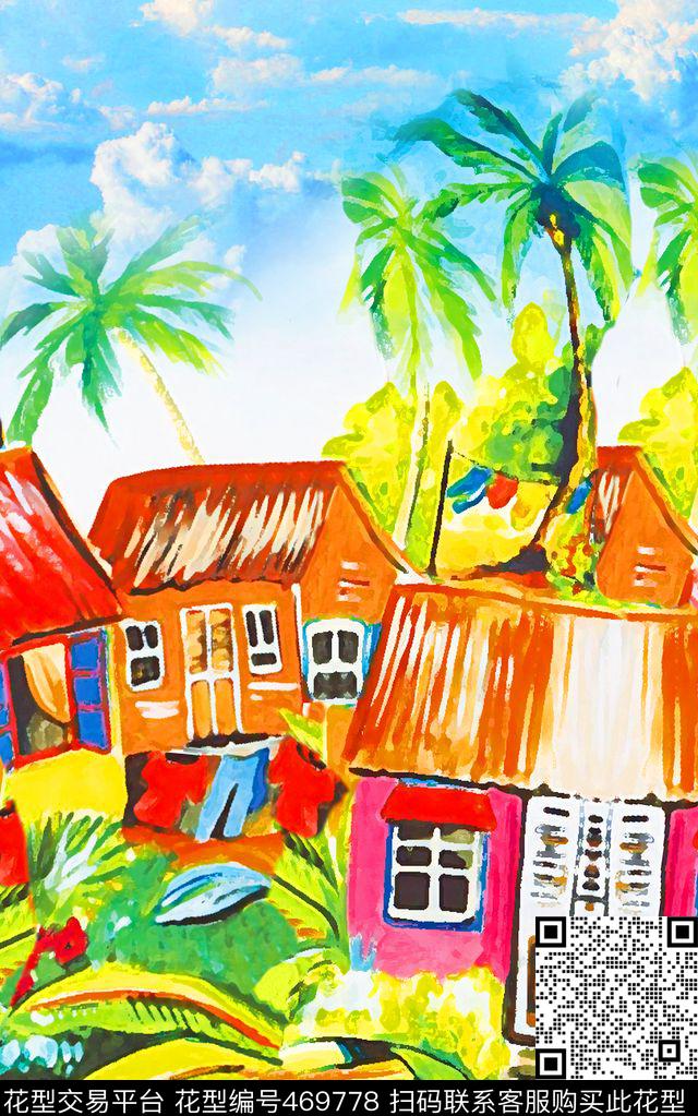 大牌手绘热带雨林房屋流行时尚民族风数码印花华亿平台下载（图片编号: 469778） - 瓦栏（Walan）