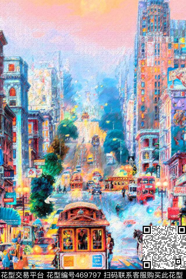 MAX-定位欧美民族风流行时尚写意风手绘油画雨中车水马龙的城市数码印花华亿平台下载（图片编号: 469797） - 瓦栏（Walan）