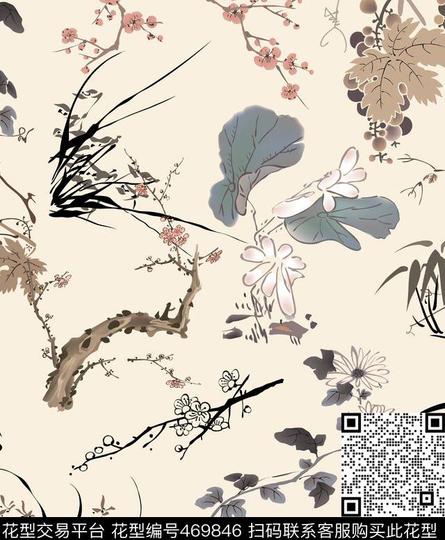 葡萄树枝水墨画数码印花华亿平台下载（图片编号: 469846） - 瓦栏（Walan）