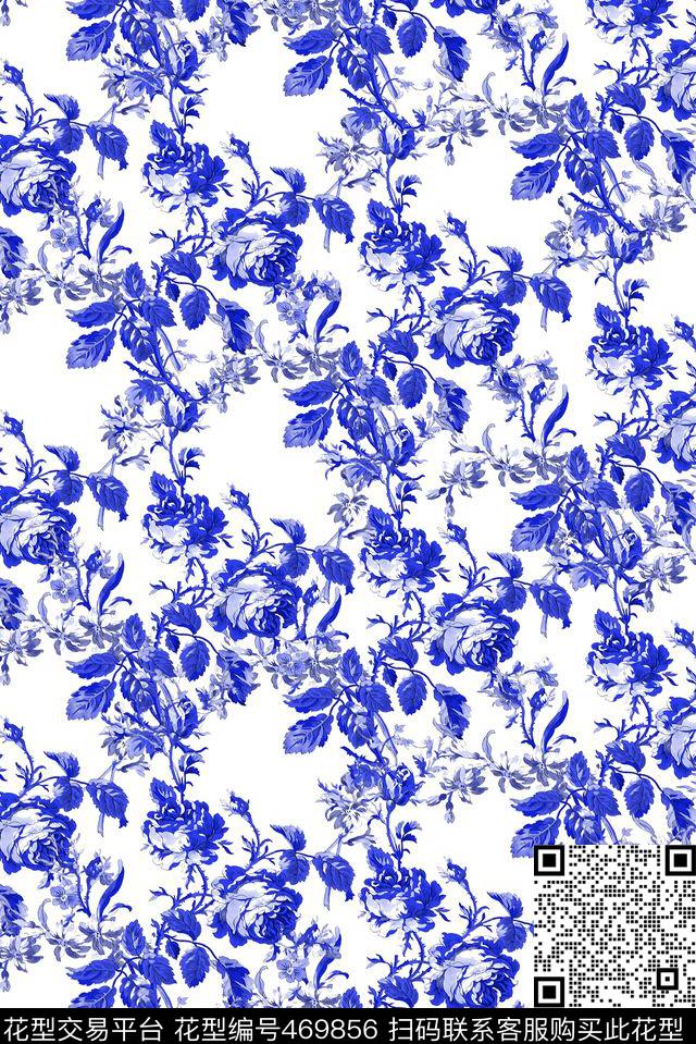 花卉满铺层次感青花瓷手绘数码印花华亿平台下载（图片编号: 469856） - 瓦栏（Walan）