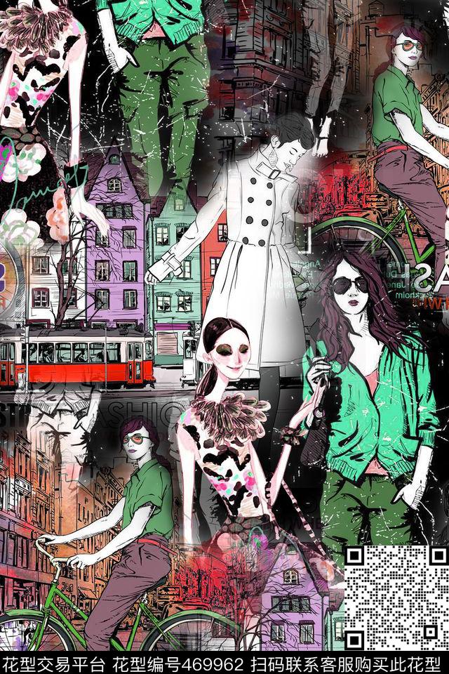 插画人物建筑数码印花华亿平台下载（图片编号: 469962） - 瓦栏（Walan）