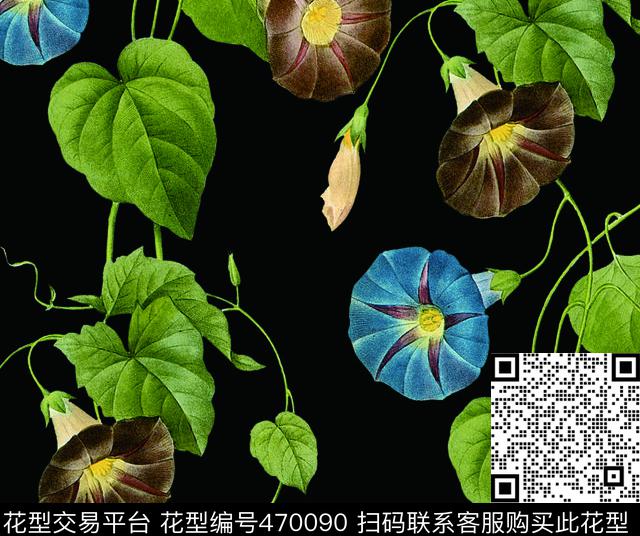 花藤喇叭花牵牛花数码印花华亿平台下载（图片编号: 470090） - 瓦栏（Walan）