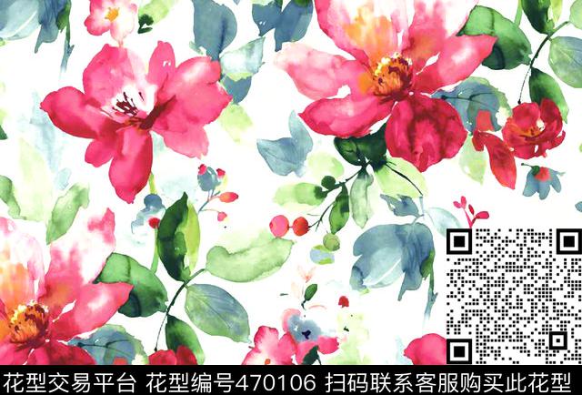 花朵手绘水彩数码印花华亿平台下载（图片编号: 470106） - 瓦栏（Walan）