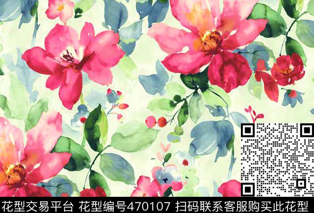 花朵手绘水彩数码印花华亿平台下载（图片编号: 470107） - 瓦栏（Walan）