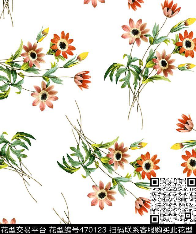 花卉花枝手绘数码印花华亿平台下载（图片编号: 470123） - 瓦栏（Walan）