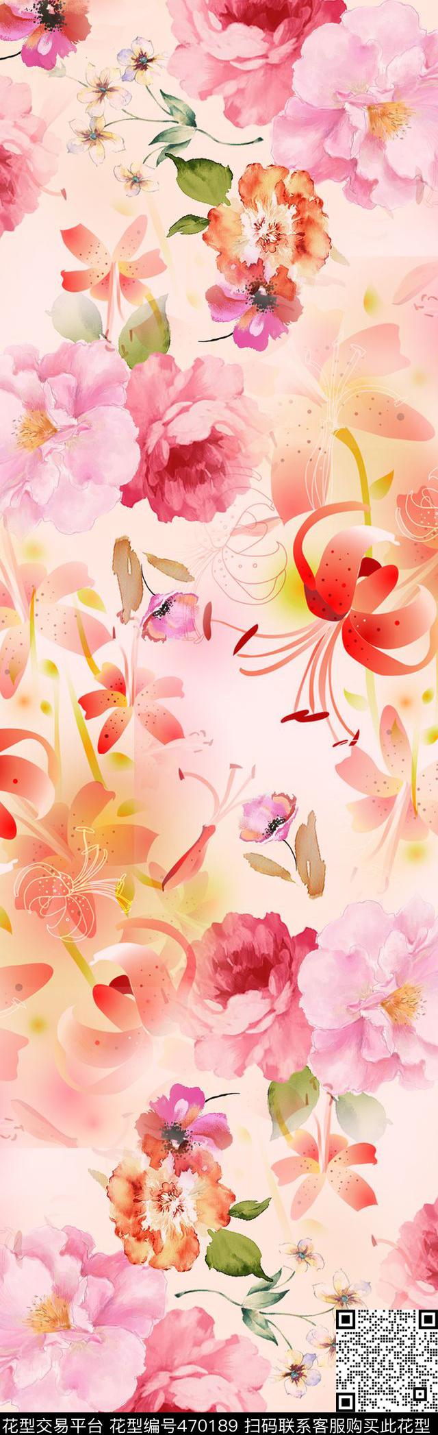 粉色花卉丝巾数码印花华亿平台下载（图片编号: 470189） - 瓦栏（Walan）